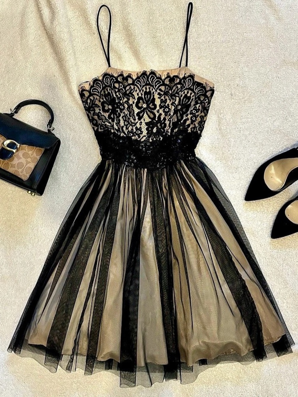 Floral Lace Overlay Midi Dress in Black & Beige Like New